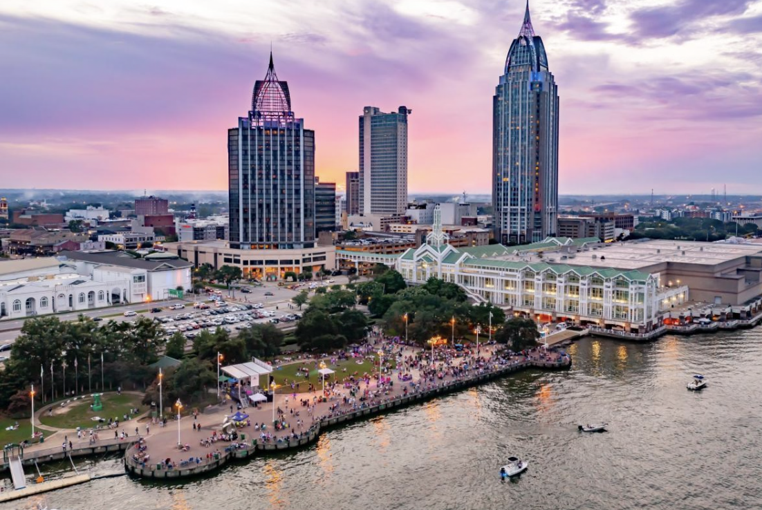 Downtown Mobile, Alabama waterfront skyline