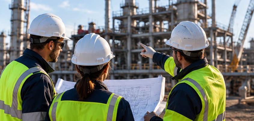 Industrial team reviewing field documentation